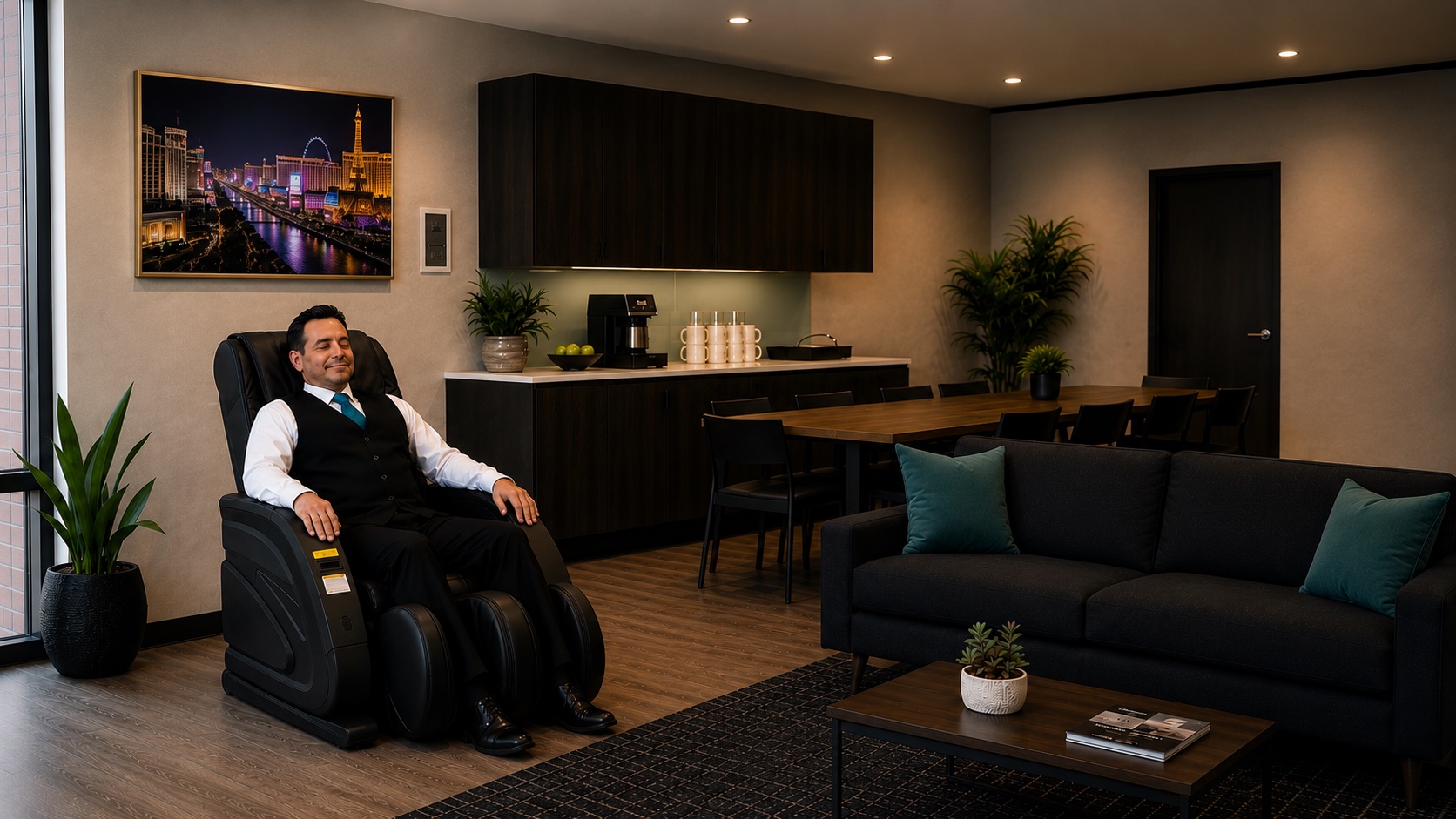 Employee relaxing in a Feel The Knead massage chair inside a staff lounge