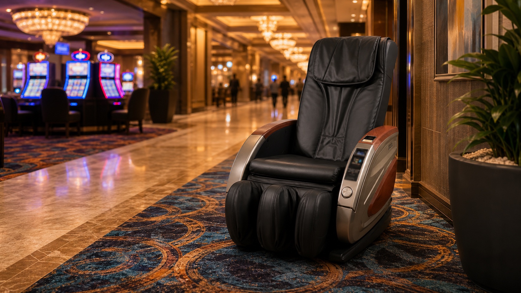 Feel The Knead massage chair positioned in a polished casino corridor